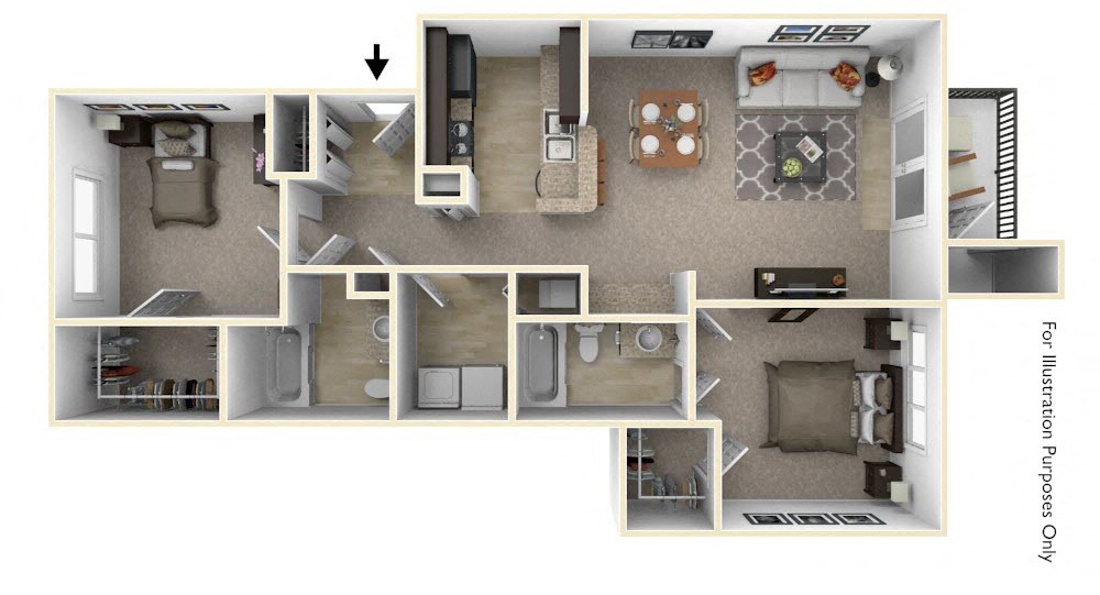 Floor plan for 2 beds, 2 baths, 998 sqft